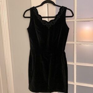 90s VINTAGE Laura Ashley Velvet Mini Dress Sz 4 LBD Embroidered Scallop Neckline